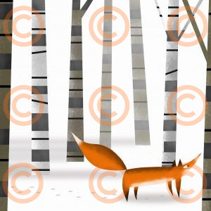 Fox in Birch Forest Art Print – Minimalist Woodland Illustration