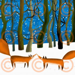 Winter Fox Pair Art Print – Whimsical Snowy Woodland Illustration