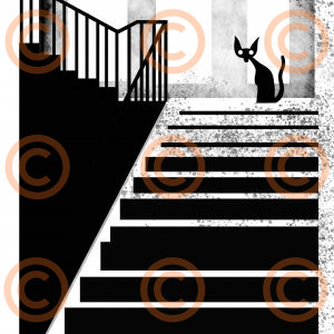 Moody Black Cat on Staircase Art Print – Minimalist Noir Illustration