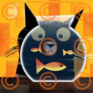 Playful Cat and Fishbowl Art Print – Whimsical Retro-Style Illustration