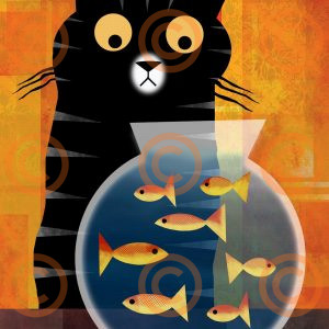 Curious Cat and Fishbowl Art Print – Playful Retro-Inspired Illustration